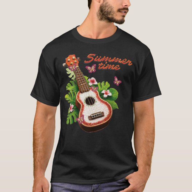 Summer Time Hawaii Ukulele Lute Flowers T-Shirt (Front)