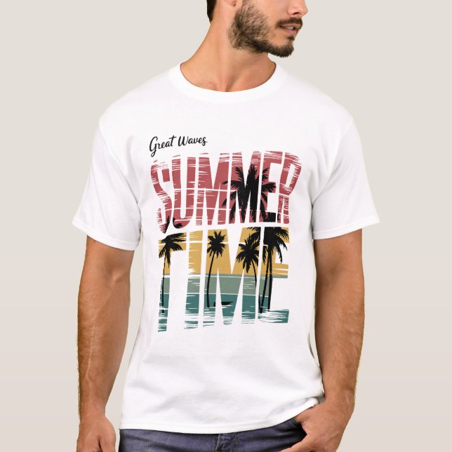 SUMMER TIME - Retro Beach Sunset Palm Trees Graphi T-Shirt (Front)
