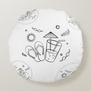 Summer Time Vibes of Sun & Vacation, Sketched Art Round Cushion