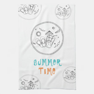 Summer Time Vibes of Sun & Vacation, Sketched Art Tea Towel