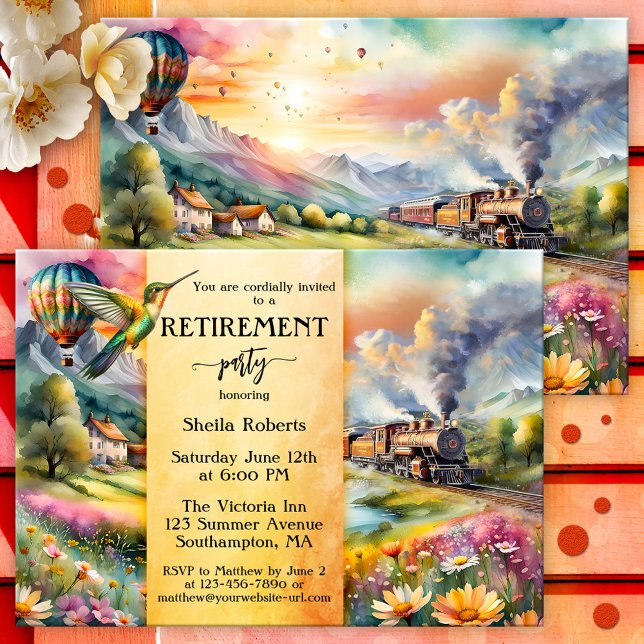 Summer Train Watercolor Travel Retirement Party Invitation (Retirement invitation showing a watercolor painting of a summer landscape with a vintage steam train)