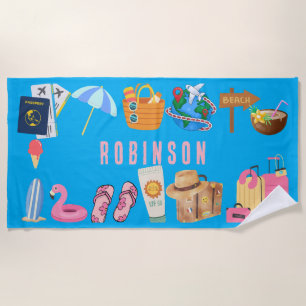 Summer Travel Theme Cute Blue Personalised Beach Towel