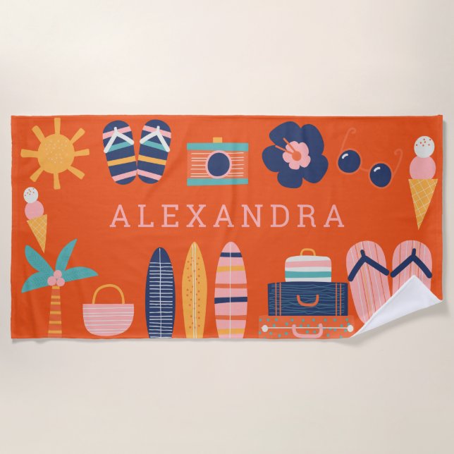 Summer Travel Theme Cute Orange Personalised  Beach Towel (Front)