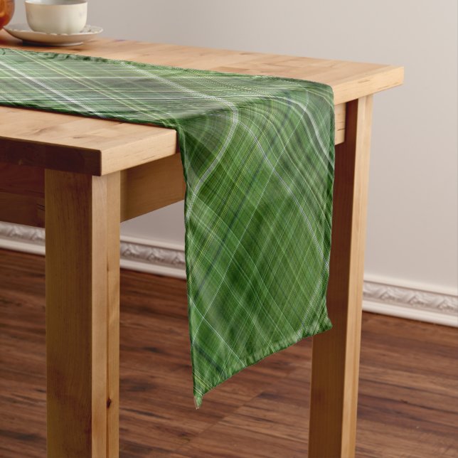 Summer Trees Green and White Plaid Short Table Runner (In Situ)