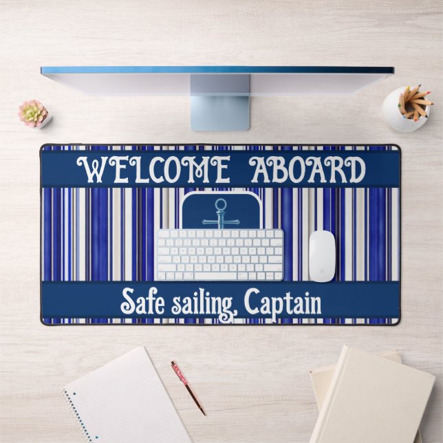 Summer Trendy Navy Blue Boat Stripes Collection Desk Mat (Office 1)