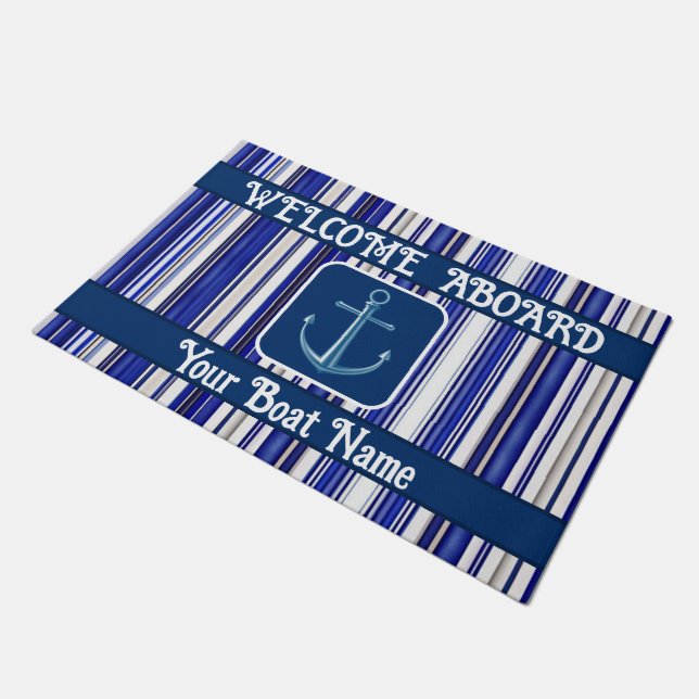Summer Trendy Navy Blue Boat Stripes Collection Doormat (Angled)