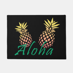 summer tropical "aloha" text, colourful pineapple doormat