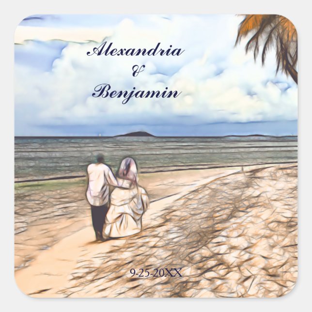 Summer Tropical Beach Bride Groom Wedding Custom Square Sticker (Front)