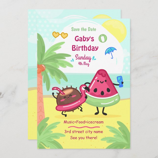 Summer Tropical Beach Party Birthday   Invitation (Front/Back)
