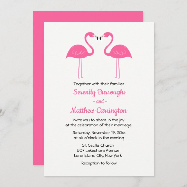 Summer Tropical Beach Pink Flamingo Wedding Invitation (Front/Back)