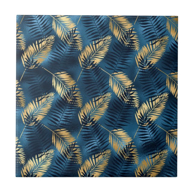 Summer Tropical Blue Palm Leaves Pattern Ceramic Tile (Front)