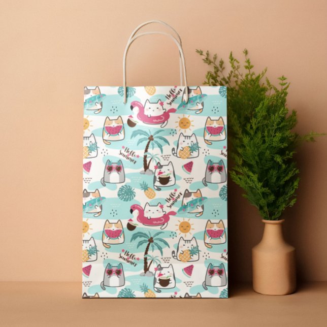 Summer tropical cats pastel pink  medium gift bag (Summer tropical cats pastel pink medium gift bag)