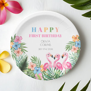 Summer Tropical Flamingo Happy 1st Birthday Party Paper Plate