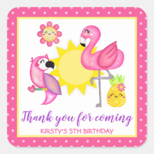 Summer Tropical Flamingo & Parrot Birthday Square Sticker