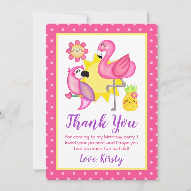 Summer Tropical Flamingo & Parrot Birthday Thank You Card (Front)