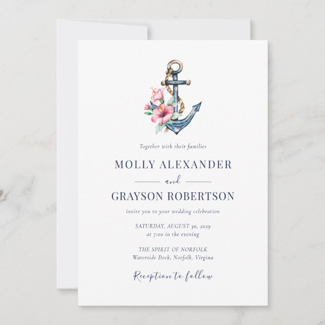 Summer Tropical Floral Anchor Beach Wedding  Invitation (Front)