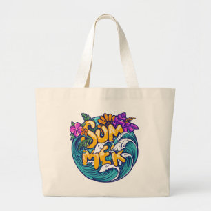 Summer Tropical Flowers Beach Ocean Waves Large Tote Bag
