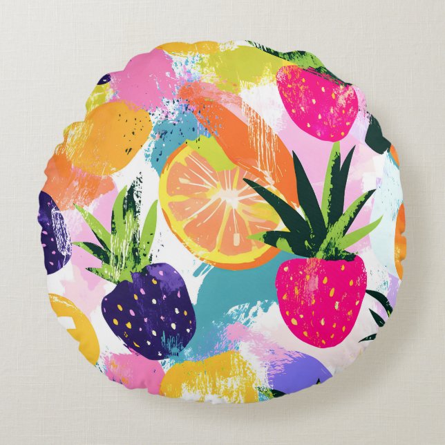 Summer Tropical Fruit Fiesta  Round Cushion (Front)