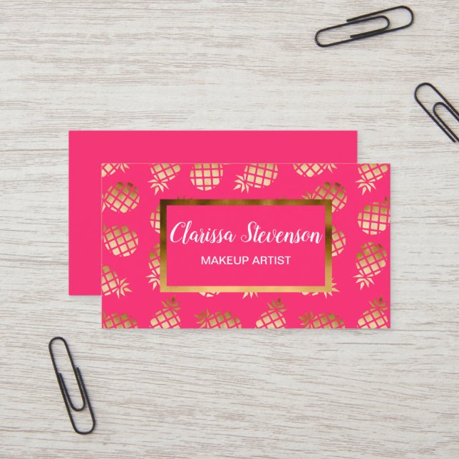 Summer tropical gold and pink pineapple pattern business card (Front/Back In Situ)