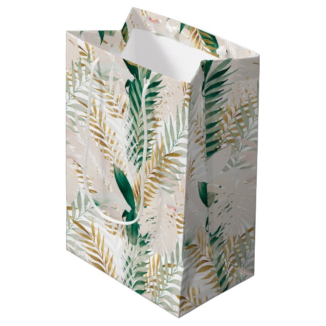 Summer Tropical Green Gold Palm Foliage Greenery Medium Gift Bag (Front Angled)