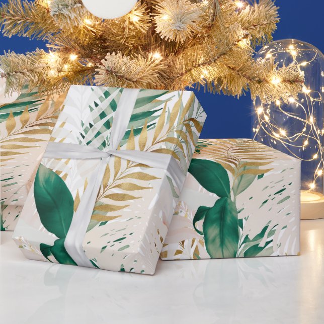 Summer Tropical Green Gold Palm Foliage Greenery Wrapping Paper (Holidays)