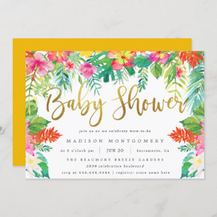 Summer Tropical Hibiscus Foliage Gold Baby Shower Invitation