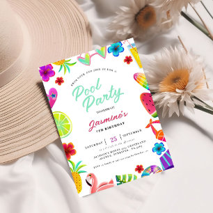 Summer Tropical Kids Pool Birthday Party Invitation
