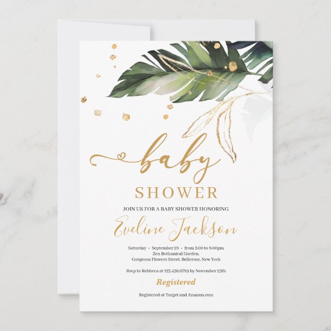 Summer tropical leaves and gold girl baby shower invitation (Front)