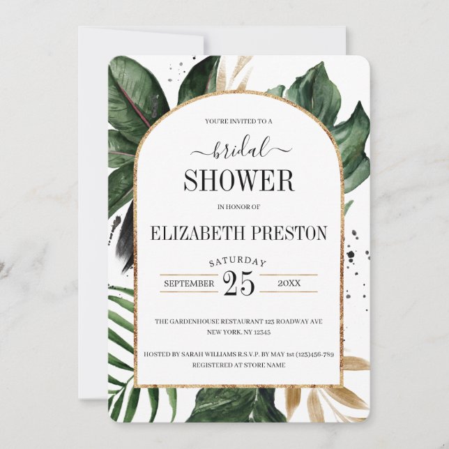 Summer Tropical Leaves Arch Frame Bridal Shower Invitation (Front)