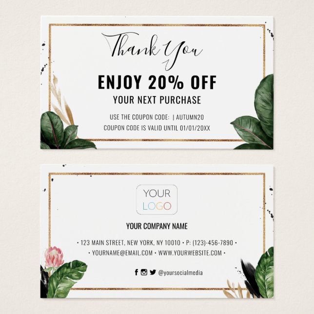 Summer Tropical Leaves Business Logo Discount Card (Front & Back)