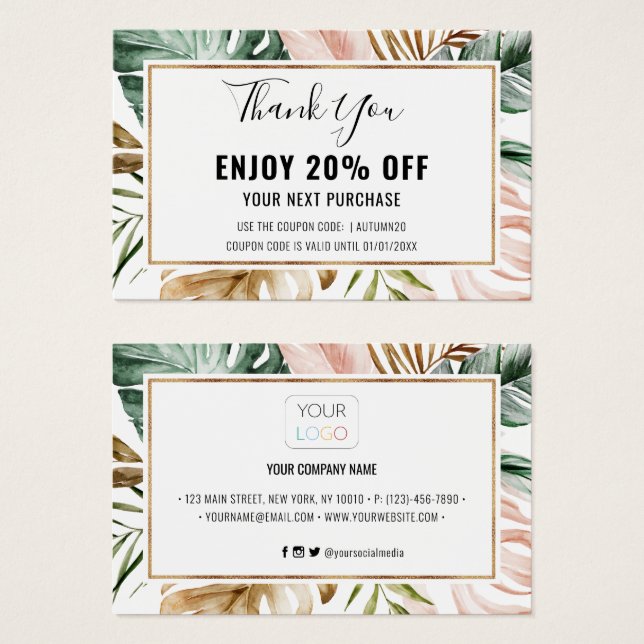 Summer Tropical Leaves Discount Coupon Card (Front & Back)
