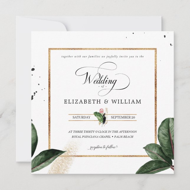 Summer Tropical Leaves Wedding Square Invitation (Front)