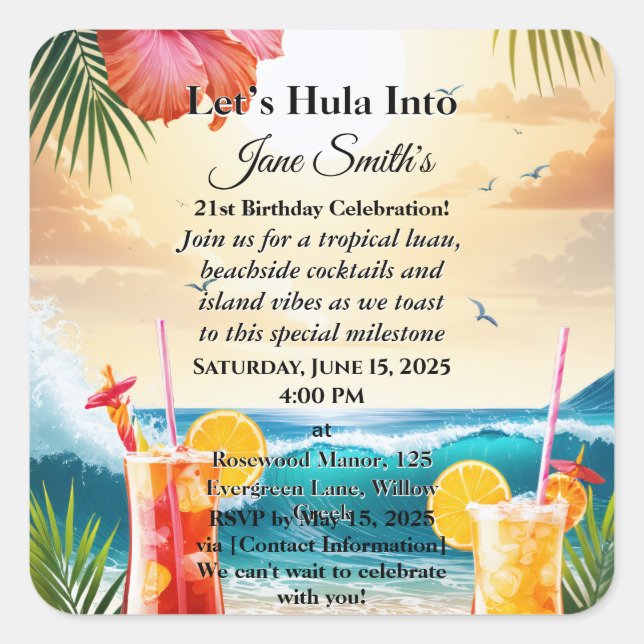 Summer Tropical Luau Beach Party 21st Birthday Square Sticker (Front)