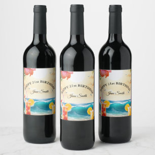 Summer Tropical Luau Beach Party 21st Birthday Wine Label