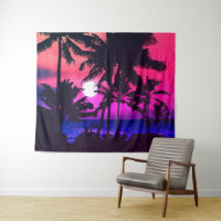 Summer Tropical Neon Pink Blue Palm Trees Sunset