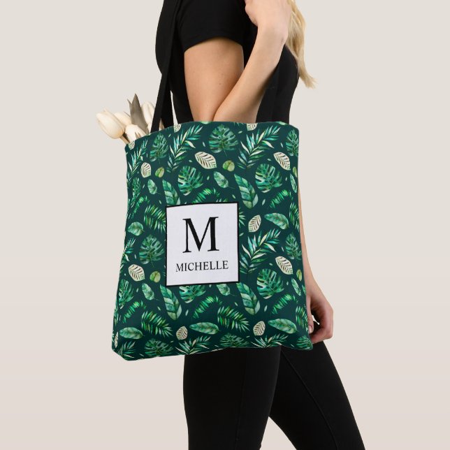 Summer Tropical Palm leaves Monogram and Name Tote Bag (Close Up)