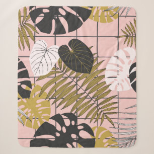 Summer tropical palm leaves pattern sherpa blanket