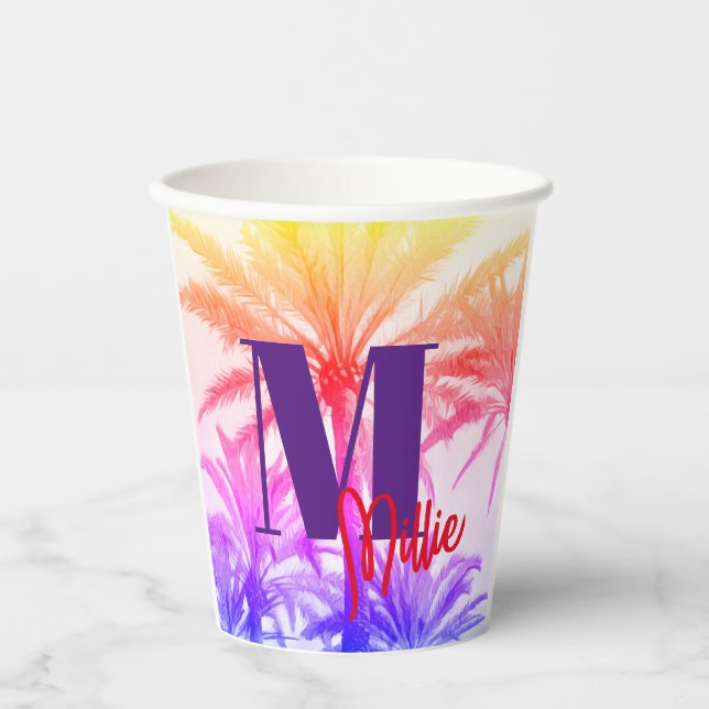 summer tropical palm tree in retro neon 80's  paper cups (Front)