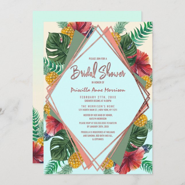 Summer Tropical Pineapple Floral Bridal Shower Invitation (Front/Back)