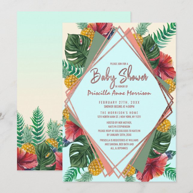 Summer Tropical Pineapple Leaf Floral Baby Shower Invitation (Front/Back)