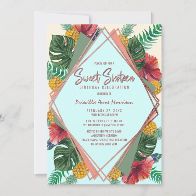 Summer Tropical Pineapple Leaves Floral Sweet 16 Invitation (Front)
