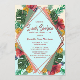 Summer Tropical Pineapple Leaves Floral Sweet 16 Invitation