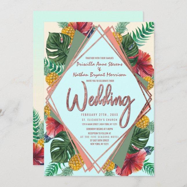 Summer Tropical Pineapple Leaves Floral Wedding Invitation (Front/Back)