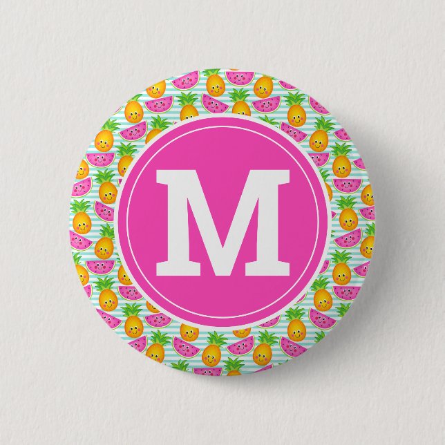 Summer Tropical Pineapple & Watermelon Monogram 6 Cm Round Badge (Front)