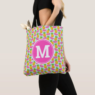 Summer Tropical Pineapple & Watermelon Monogram Tote Bag