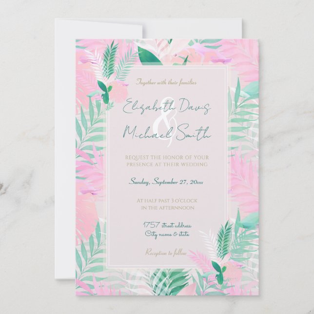 Summer Tropical Pink Mint Palm Foliage Greenery Invitation (Front)