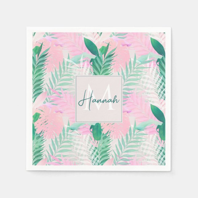 Summer Tropical Pink Mint Palm Foliage Greenery Napkin (Front)