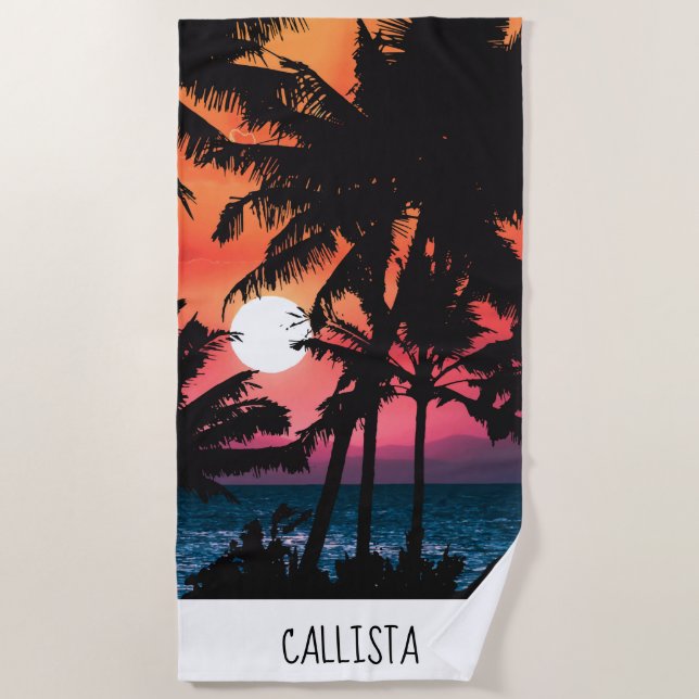 Summer Tropical Pink Orange Palm Trees Sunset Beach Towel (Front)