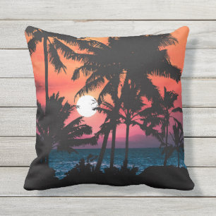 Summer Tropical Pink Orange Palm Trees Sunset Cushion