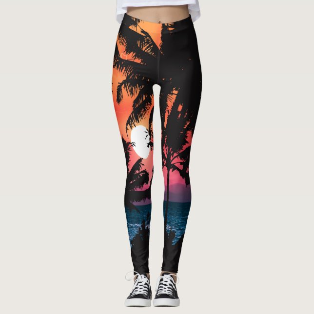 Summer Tropical Pink Orange Palm Trees Sunset Leggings (Front)
